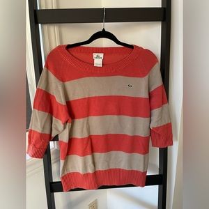 Lacoste 3/4 sleeve knit sweater orange and beige colour block